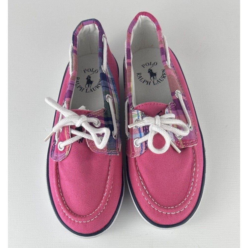 Polo By Ralph  Lauren sander Pink Fabric With Plaid Boat Shoes Girls Size 13 EUC